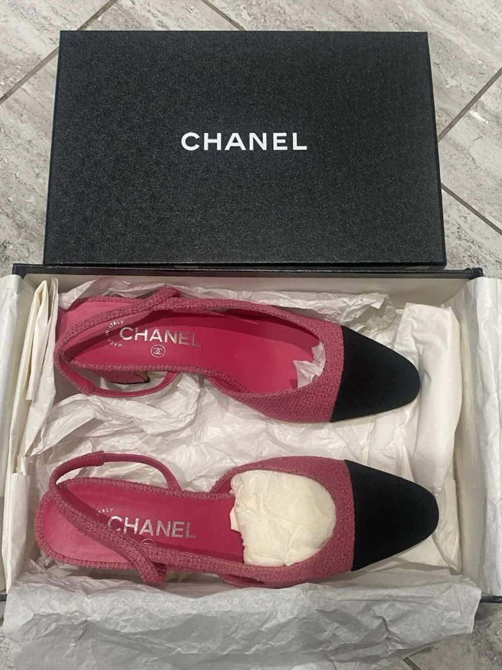 Chanel Slingback Tweed Pink & Black Grosgrain Pump Sandal Heels Women’s 38.5